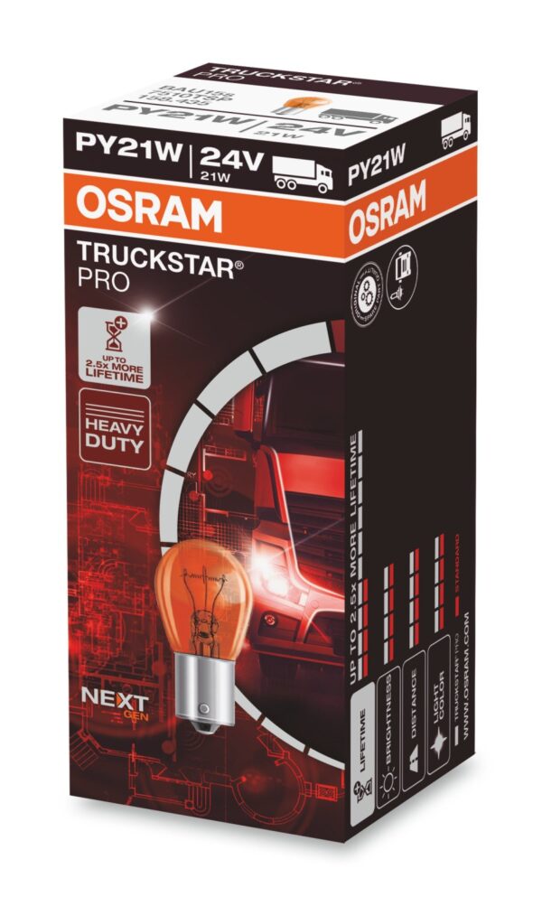 4062172158428 Halogeen OSRAM TRUCKSTAR PRO +100% BAU15s 21W 24V PY21W
