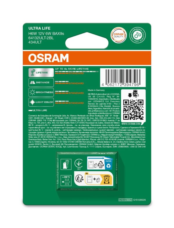 OSRAM ULTRALIFE 64132ULT-2BL H6W BAX9s 12V 6W
