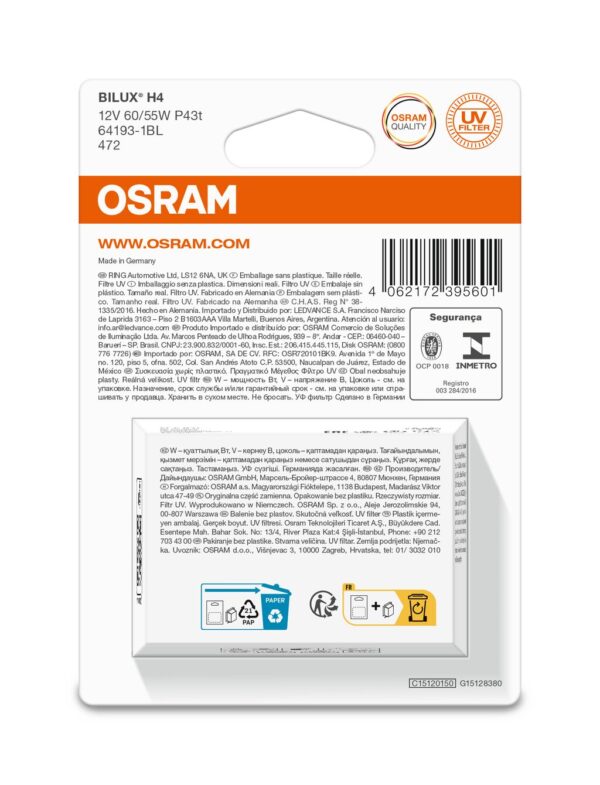 OSRAM ORIGINAL 64193-1BL H4 P43t 12V 60/55W