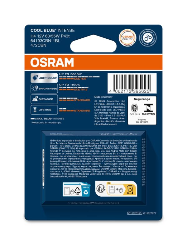 OSRAM COOL BLUE INTENSE 64193CBN-1BL H4 P43t 12V 60/55W