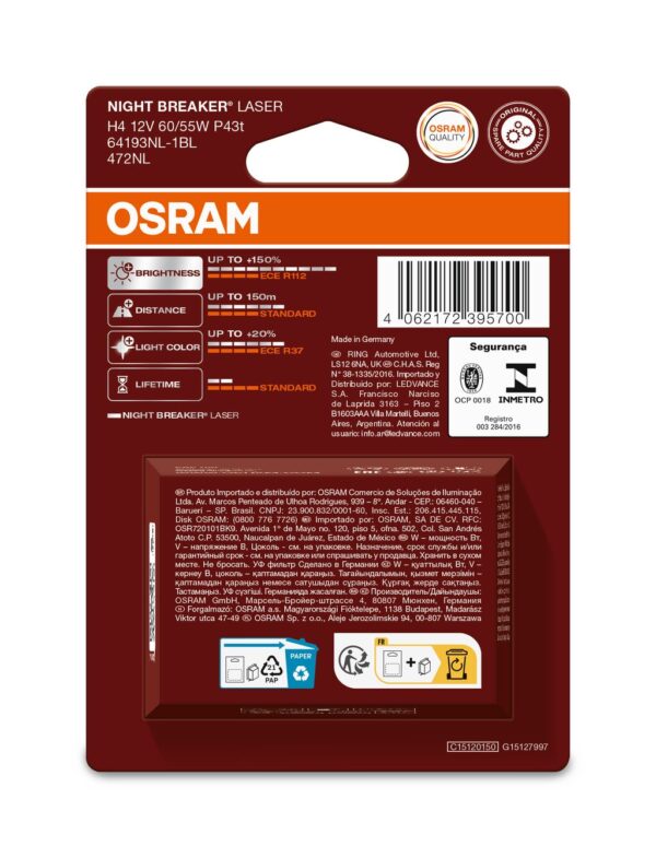 OSRAM ÖÖPURKE LASER 64193NL-1BL H4 P43t 12V 60/55W