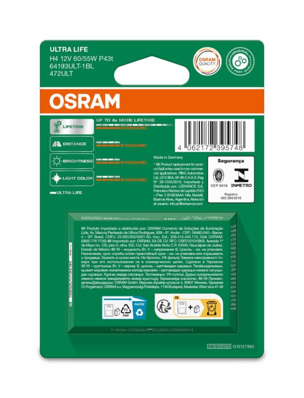 OSRAM ULTRALIFE 64193ULT-1BL H4 P43t 12V 60/55W
