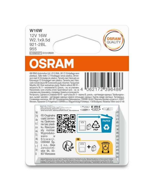OSRAM ORIGINAL 921-2BL W16W W2.1x9.5d 12V 16W