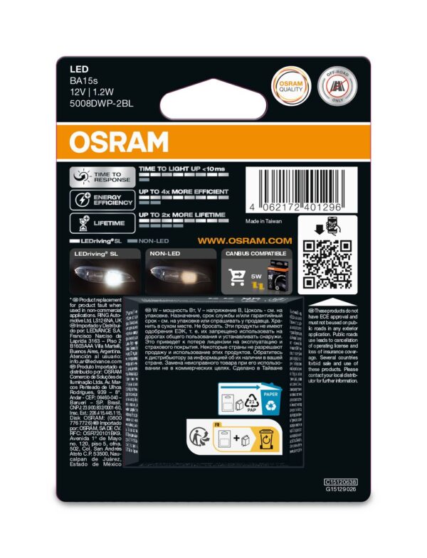 OSRAM LEDrivin SL 5008DWP-2BL ~R10W BA15s 12V 1.2WW