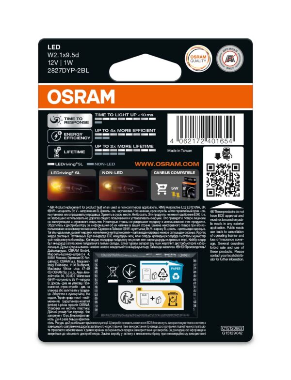 OSRAM LEDrivin SL 2827DYP-2BL ~W5W W2.1x9.5d 12V 0,5W