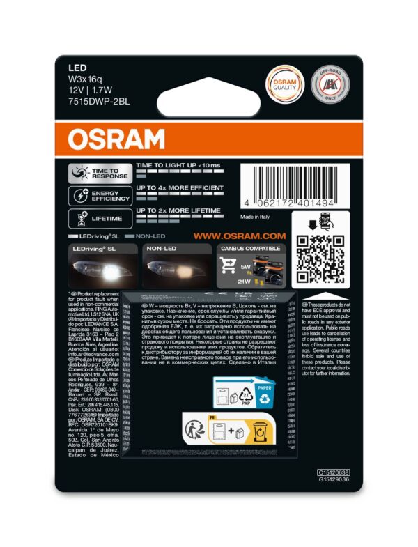 OSRAM LEDrivin SL 7515DWP-2BL ~W21/5W W3x16q 12V 1,9W