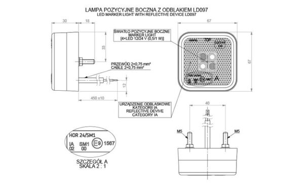 wmlhor097_2 HORPOL LED markervalgusti - HOR24 LD097 oranž ruudukujuline helkuriga 12/24V ECE